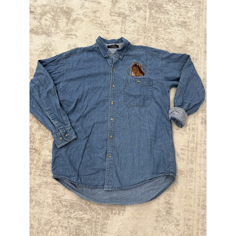 Vintage Cotton Denim Shirt Womens Medium Embroidered Horse Western Rodeo Cowgirl
